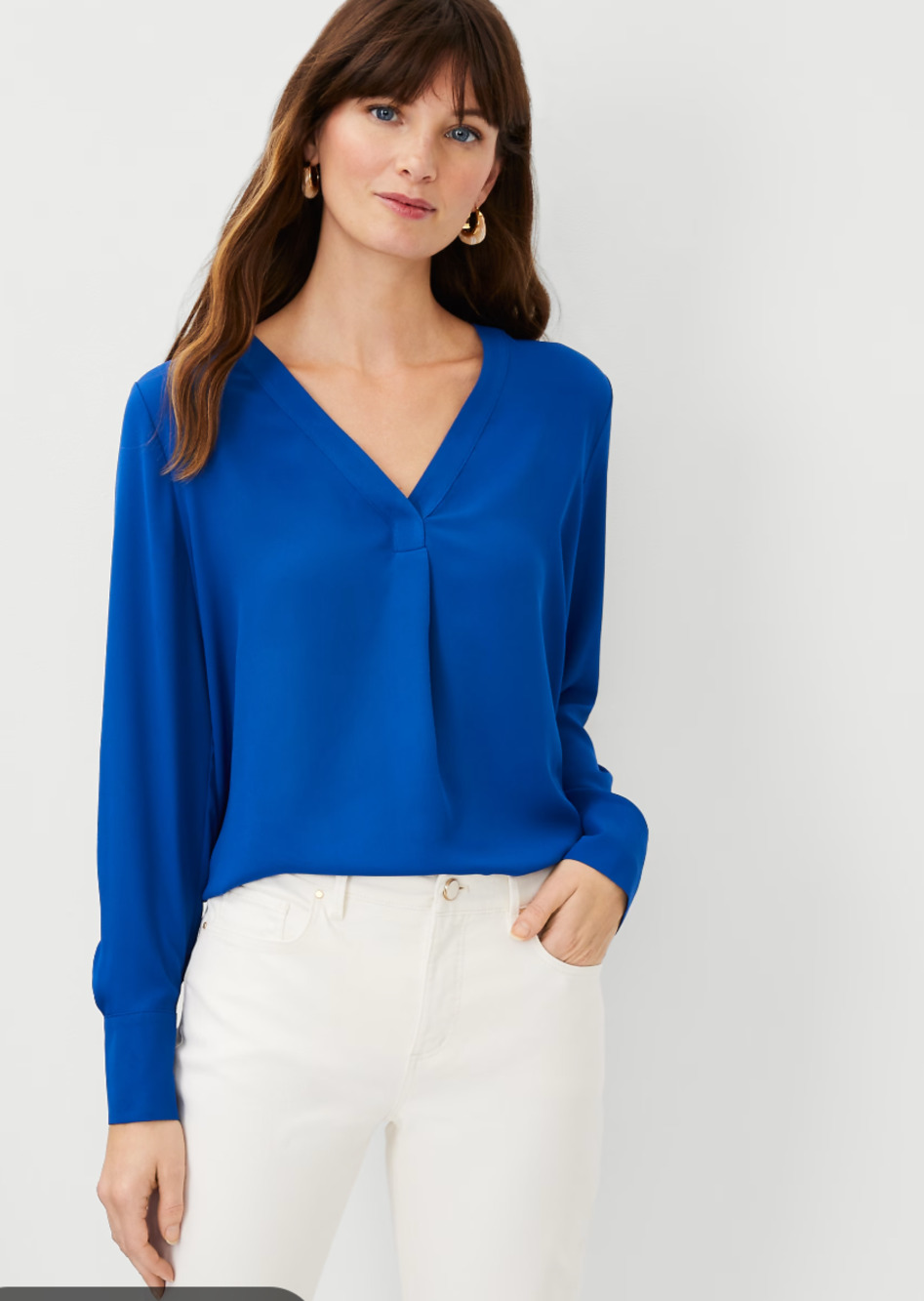 Ann Taylor Mixed Media Pleat Front Top Cobalt Blue